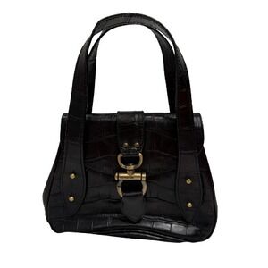 Vintage Y2K Black Croc Embossed Leather Mini Top Handle Purse Structured Bag
